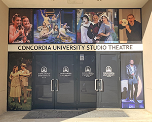 A multi-panel window graphics of the Concordia University studio theatre.